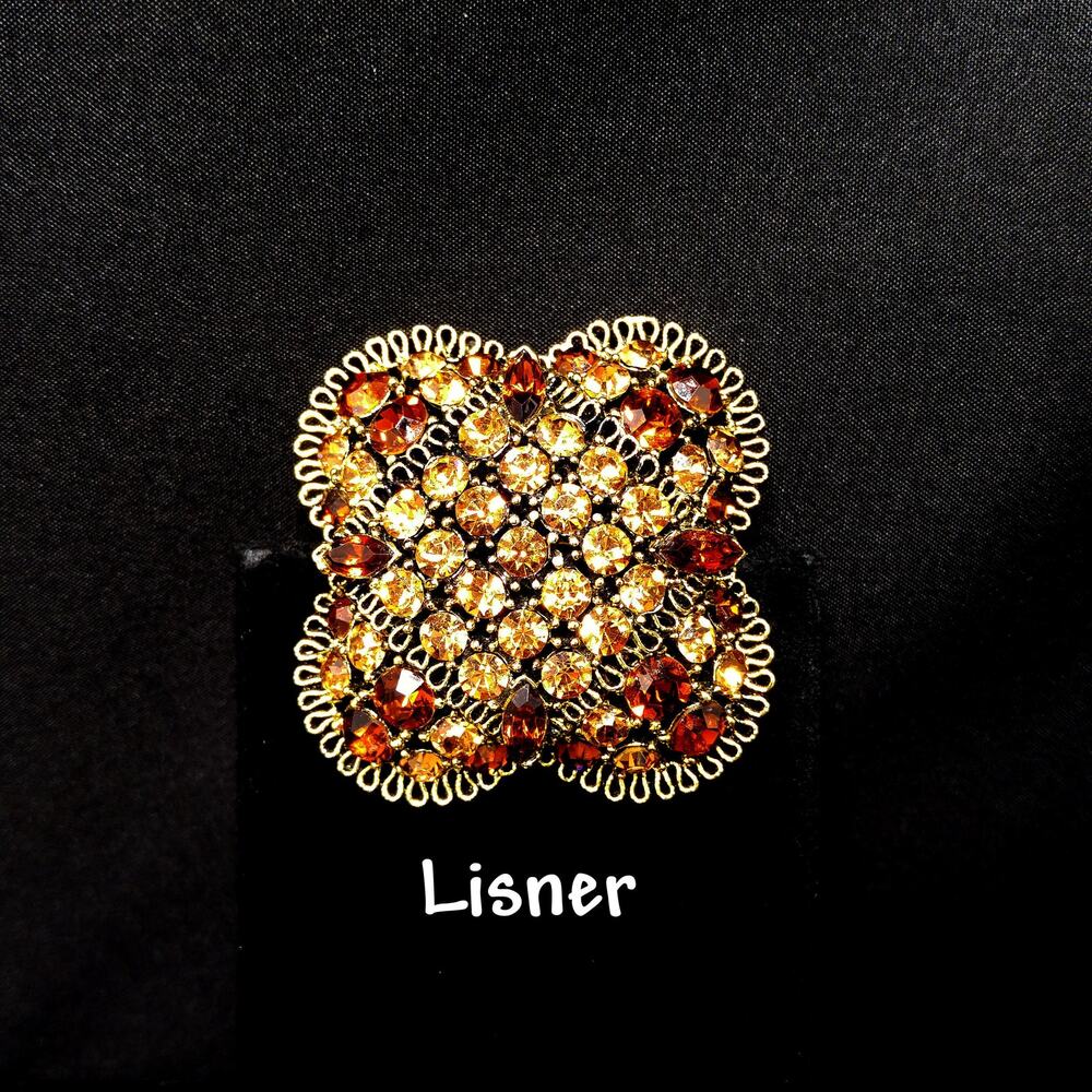 Vintage Lisner Topaz Rhinestone Domed Brooch Gold Tone 1960s